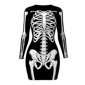 NEW 2XL 18 Plus Skeleton‎ Black Bodycon Halloween Costume Dress Long Sleeve Mini